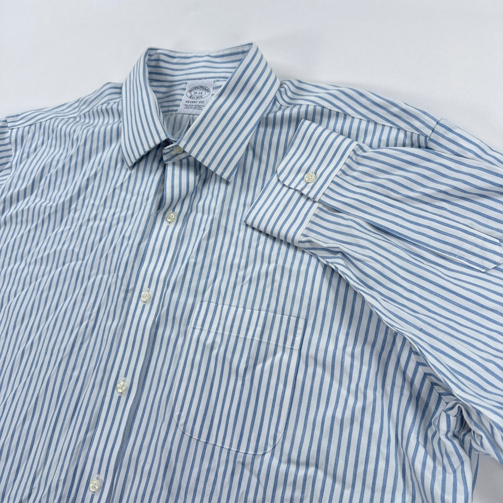Brooks Brothers Mens Shirt 18 34 Blue Stripe Regent Fit Non Iron Button Up
